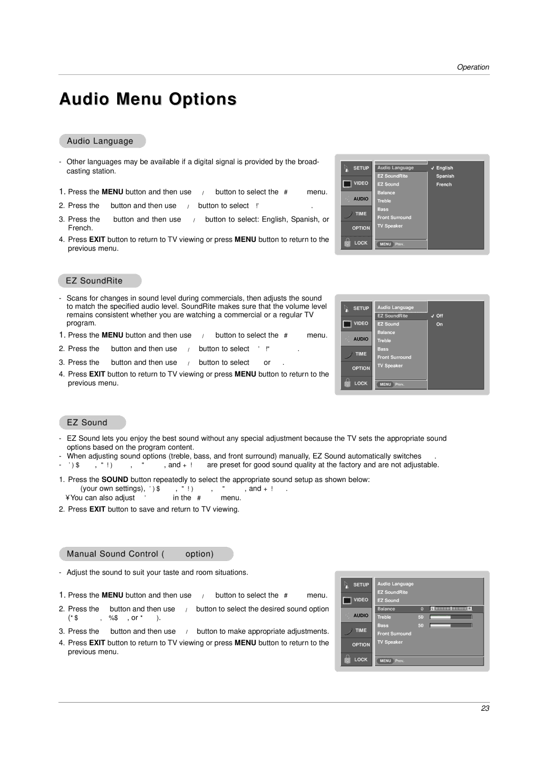 LG Electronics DU-30LZ30, DU-42LZ30 Audio Menu Options, Audio Language, EZ SoundRite, Manual Sound Control User option 