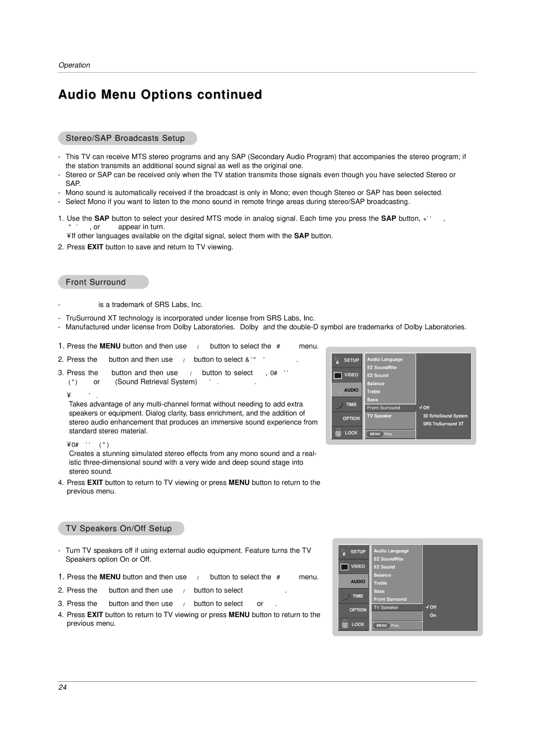 LG Electronics DU-42LZ30 Audio Menu Options, Stereo/SAP Broadcasts Setup, Front Surround, TV Speakers On/Off Setup 