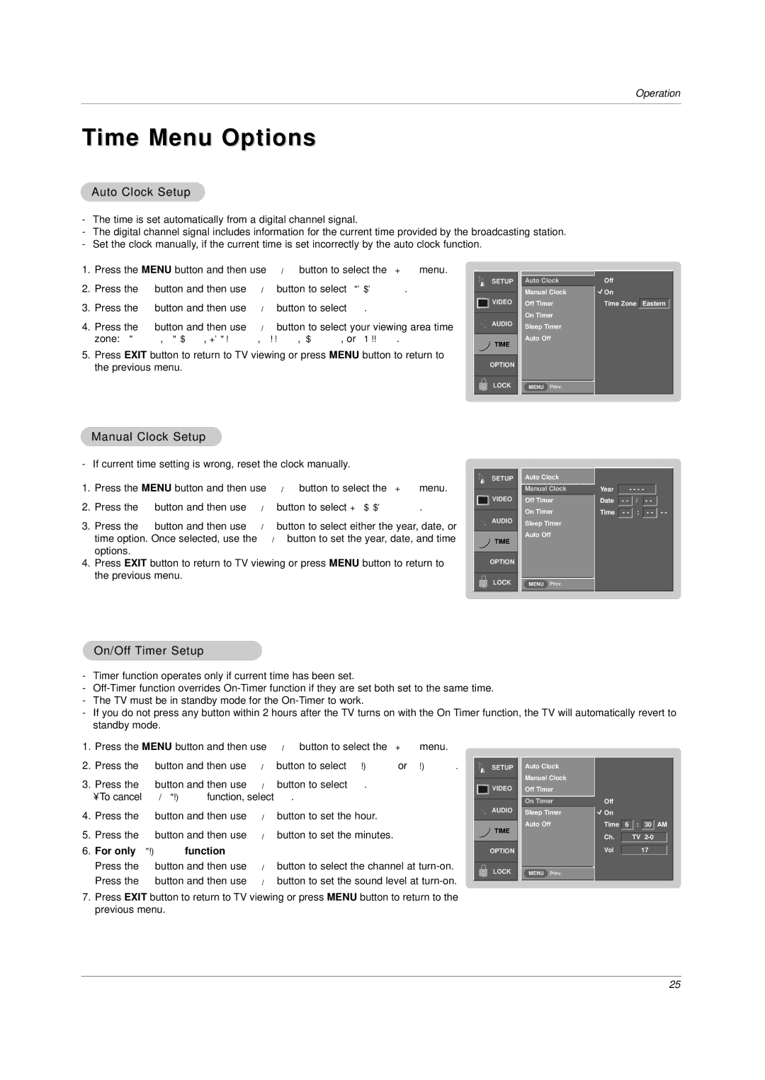 LG Electronics DU-30LZ30, DU-42LZ30 owner manual Time Menu Options, Auto Clock Setup, Manual Clock Setup, On/Off Timer Setup 