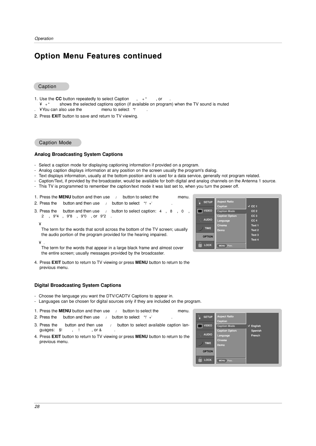 LG Electronics DU-42LZ30, DU-30LZ30 owner manual Option Menu Features, Caption Mode, Analog Broadcasting System Captions 