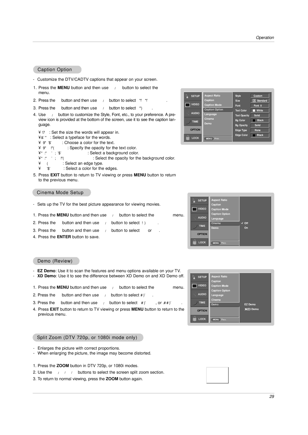 LG Electronics DU-30LZ30 Caption Option, Cinema Mode Setup, Demo Review, Split Zoom DTV 720p, or 1080i mode only 