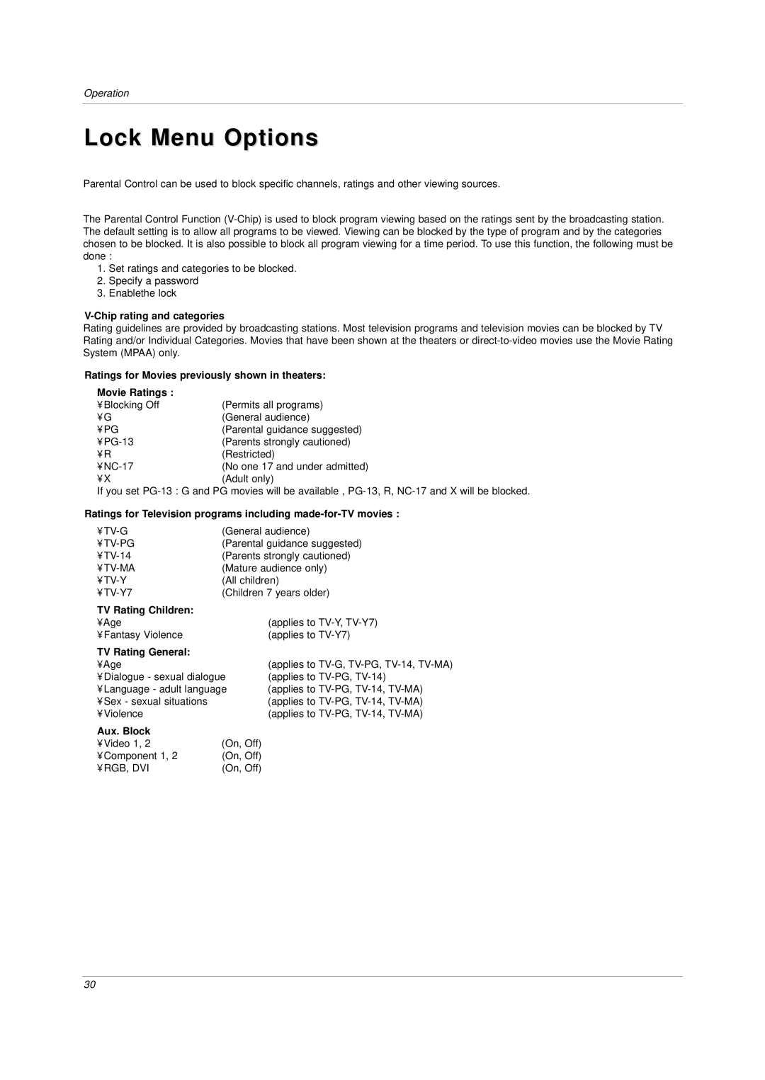 LG Electronics DU-42LZ30 Lock Menu Options, Chip rating and categories, TV Rating Children, TV Rating General, Aux. Block 