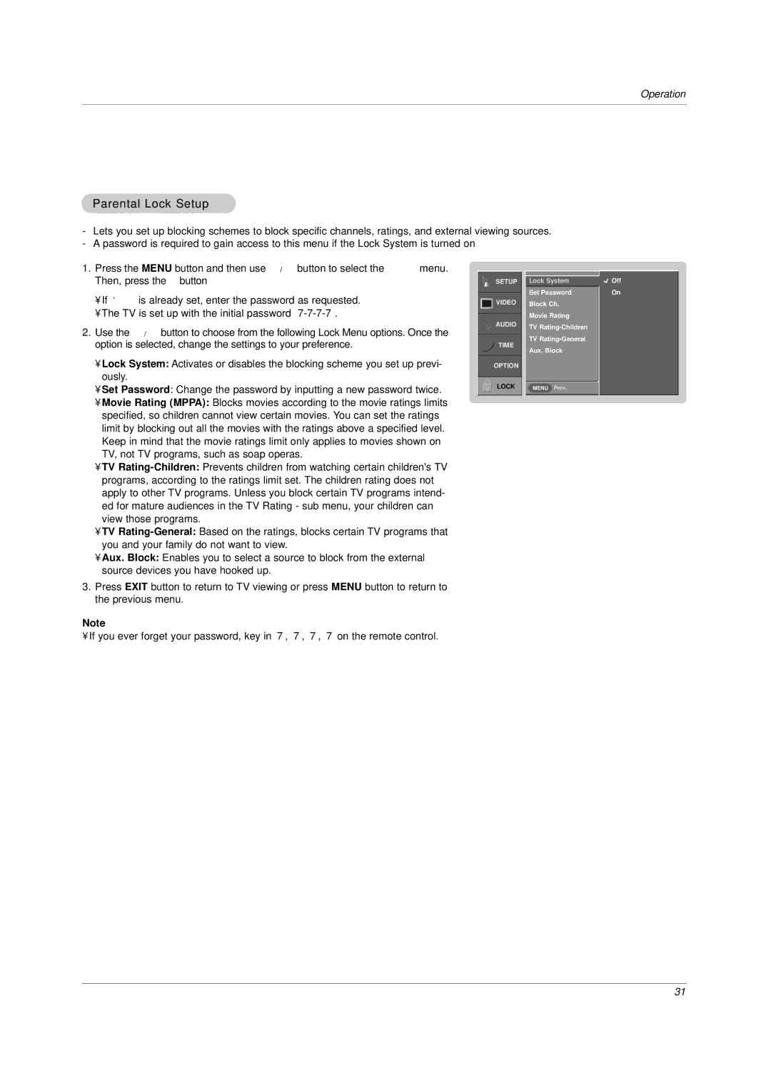 LG Electronics DU-30LZ30, DU-42LZ30 owner manual Parental Lock Setup 