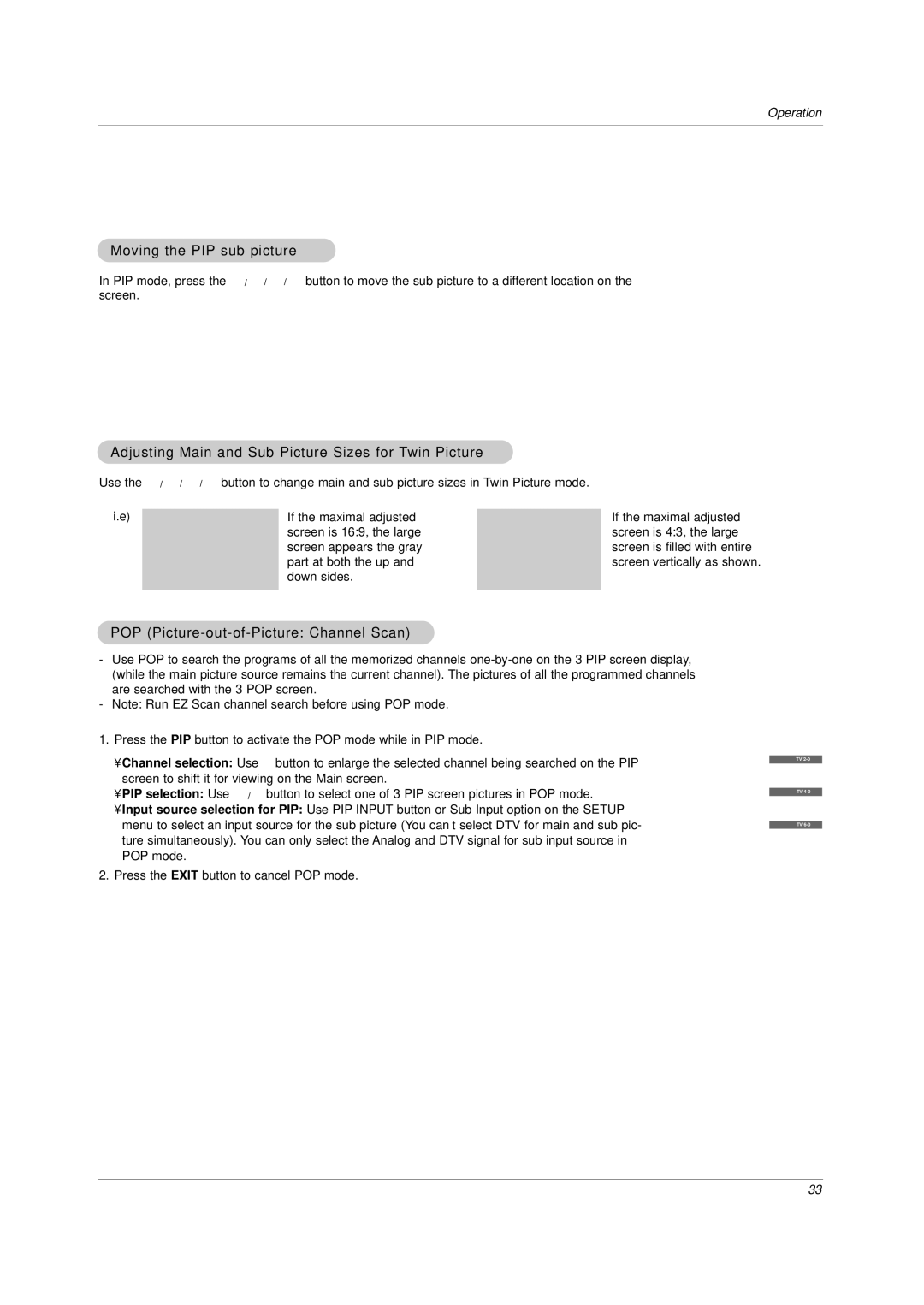 LG Electronics DU-30LZ30, DU-42LZ30 Moving the PIP sub picture, Adjusting Main and Sub Picture Sizes for Twin Picture 