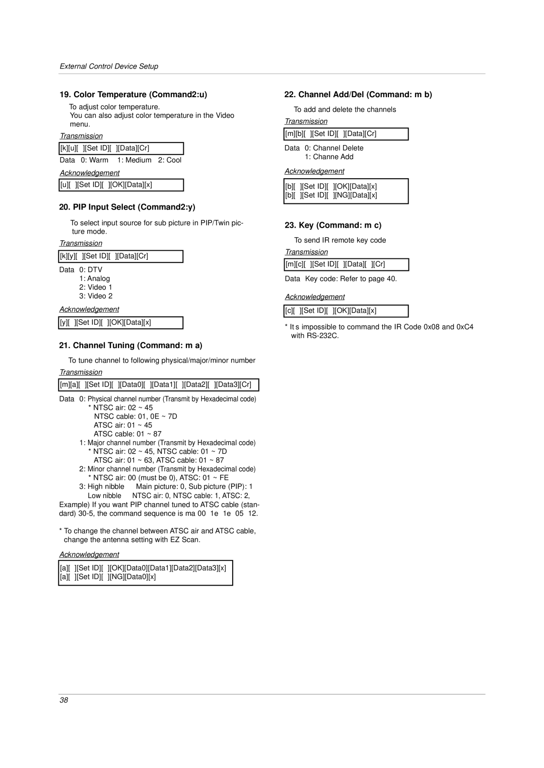 LG Electronics DU-42LZ30, DU-30LZ30 Color Temperature Command2u, PIP Input Select Command2y, Channel Add/Del Command m b 