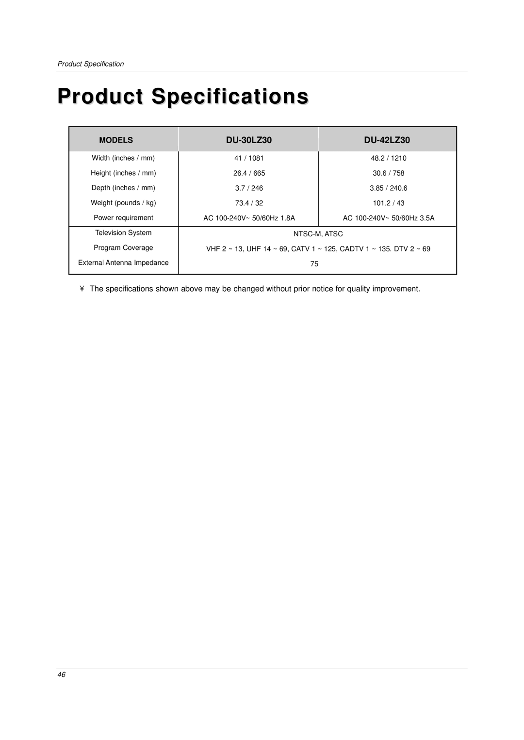 LG Electronics DU-42LZ30, DU-30LZ30 owner manual Product Specifications 