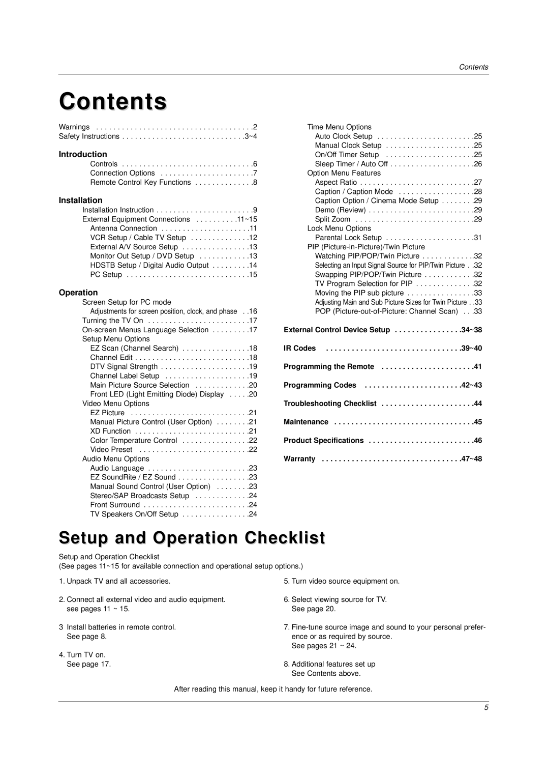 LG Electronics DU-30LZ30, DU-42LZ30 owner manual Contents 