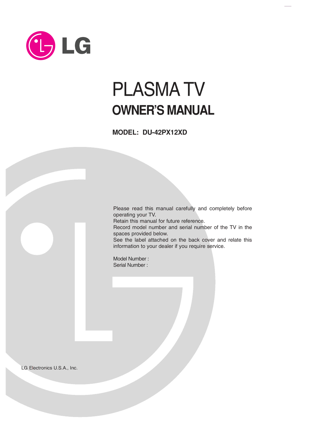 LG Electronics DU-42PX12XD owner manual Plasma TV, LG Electronics U.S.A., Inc 