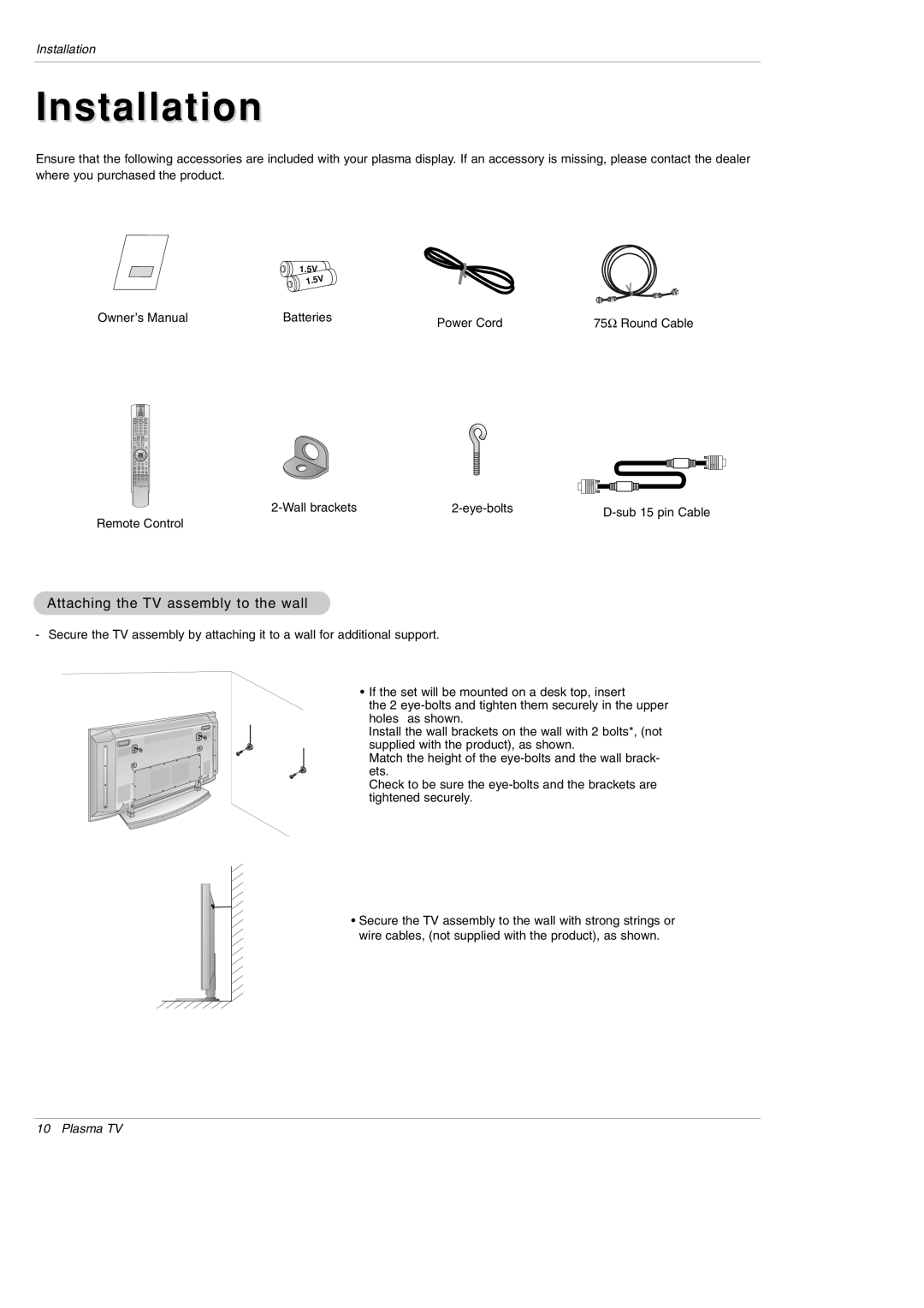 LG Electronics DU-42PX12XD owner manual Installation, Attaching the TV assembly to the wall 