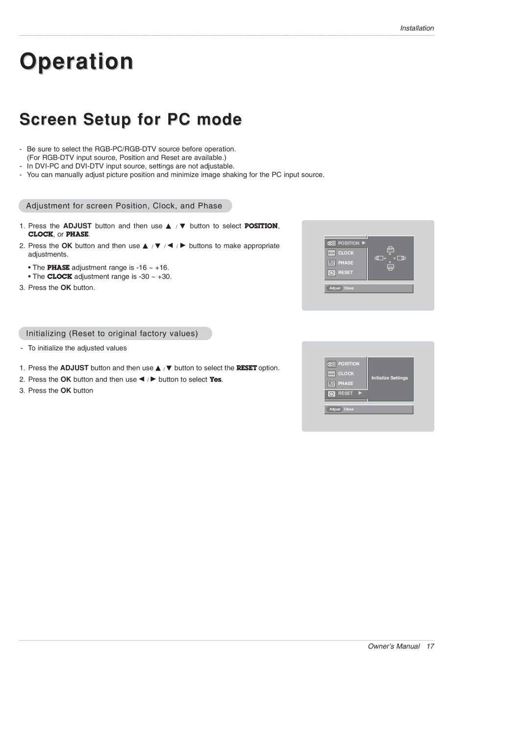 LG Electronics DU-42PX12XD owner manual Screen Setup for PC mode, Adjustment for screen Position, Clock, and Phase 