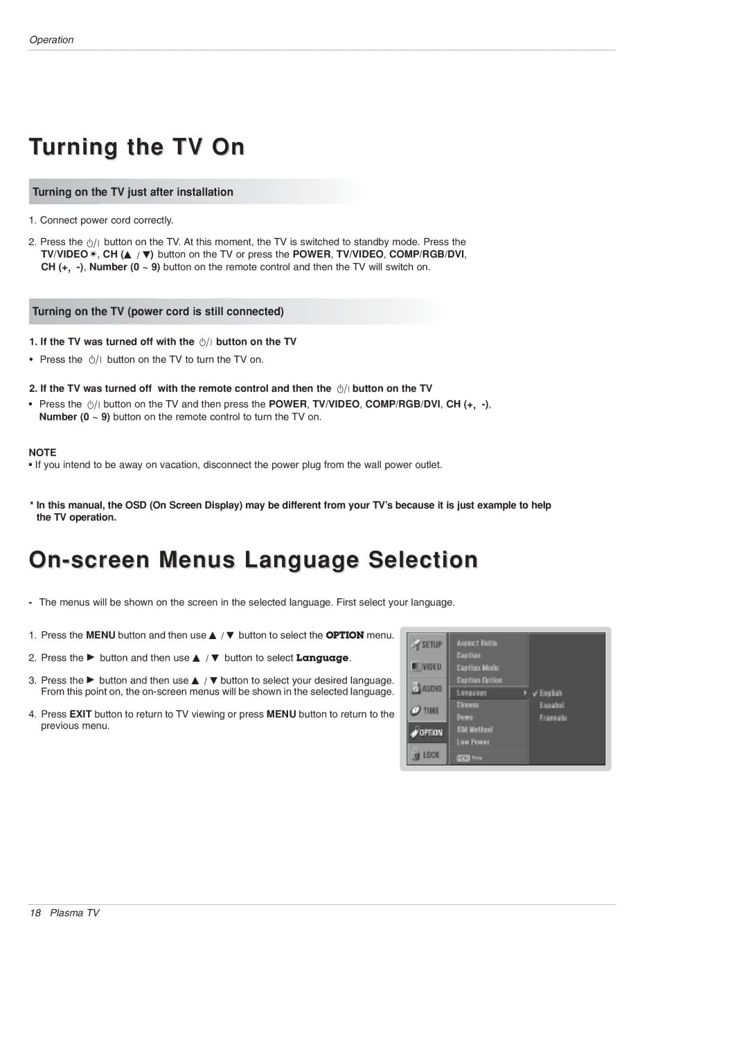 LG Electronics DU-42PX12XD owner manual Turning the TV On, On-screen Menus Language Selection 