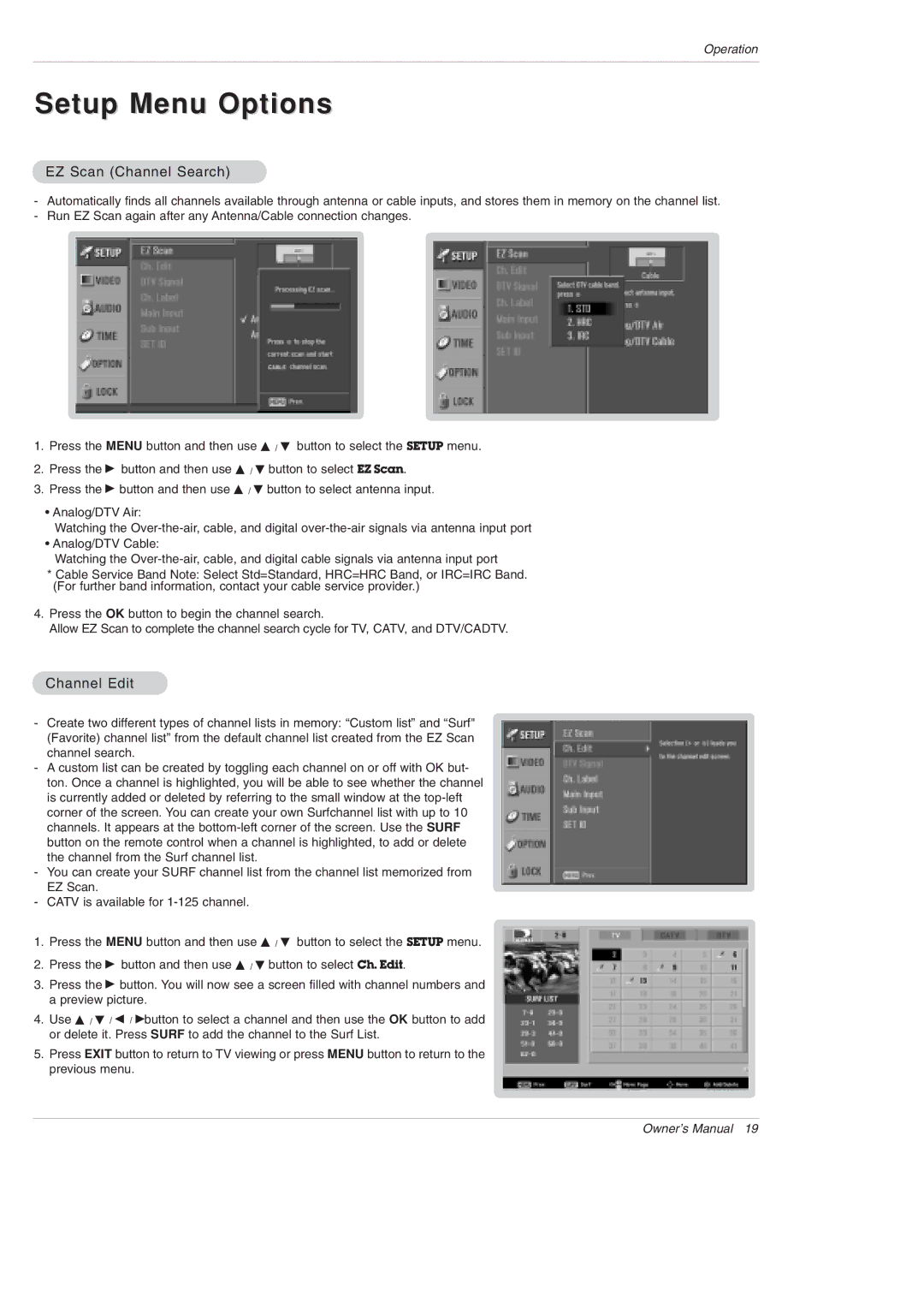 LG Electronics DU-42PX12XD owner manual Setup Menu Options, EZ Scan Channel Search, Channel Edit 