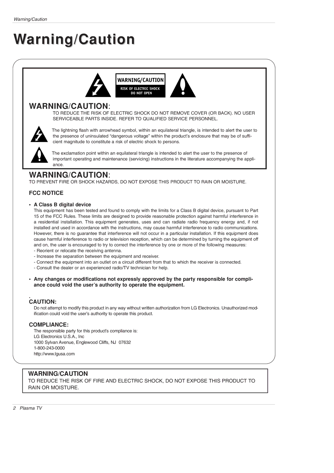 LG Electronics DU-42PX12XD owner manual FCC Notice, Class B digital device 