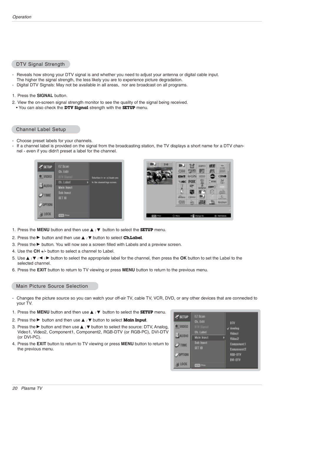 LG Electronics DU-42PX12XD owner manual DTV Signal Strength, Channel Label Setup, Main Picture Source Selection 