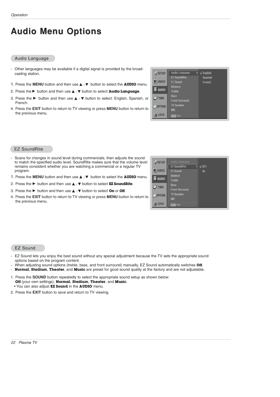 LG Electronics DU-42PX12XD owner manual Audio Menu Options, Audio Language, EZ SoundRite 