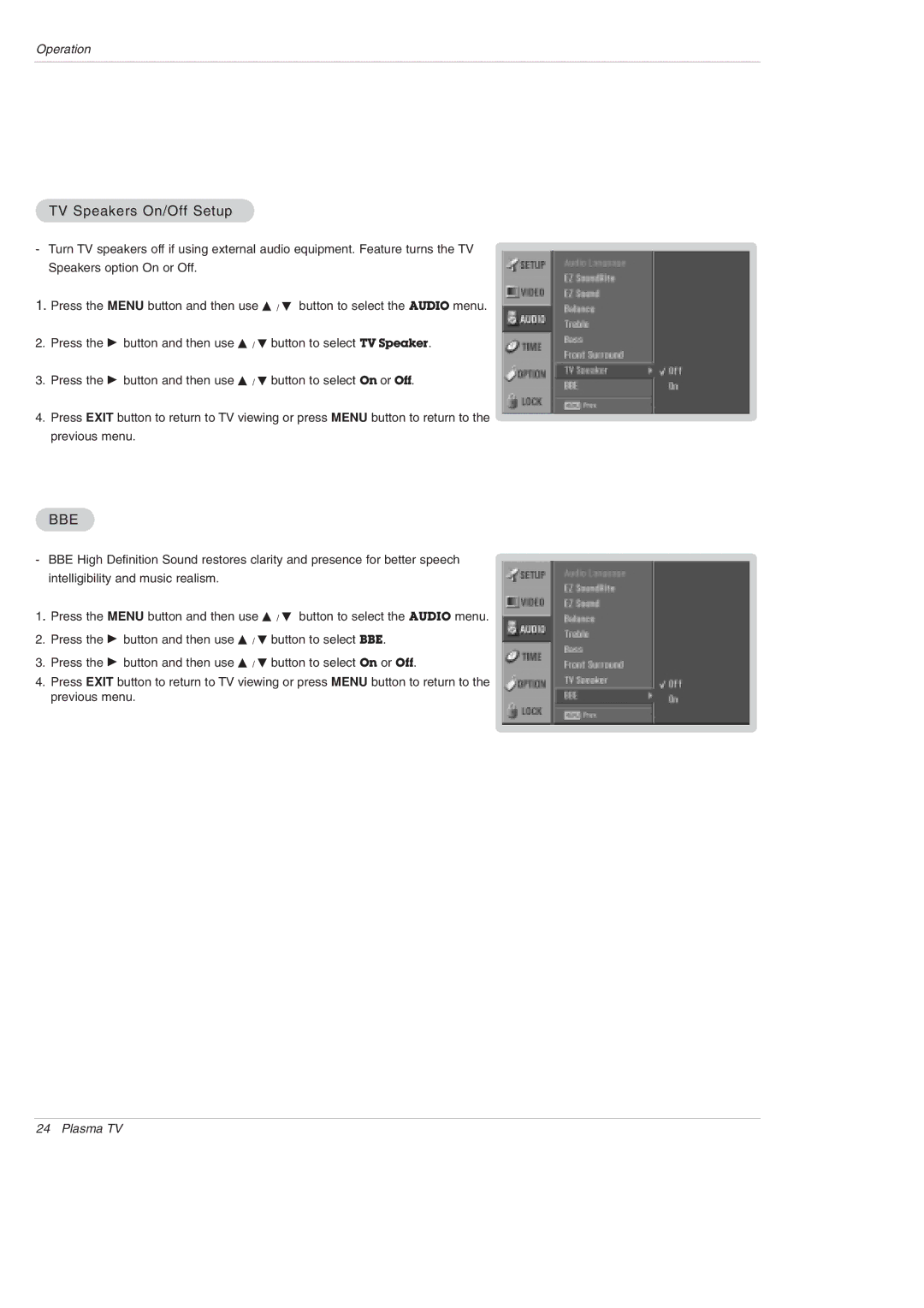 LG Electronics DU-42PX12XD owner manual TV Speakers On/Off Setup, Bbe 