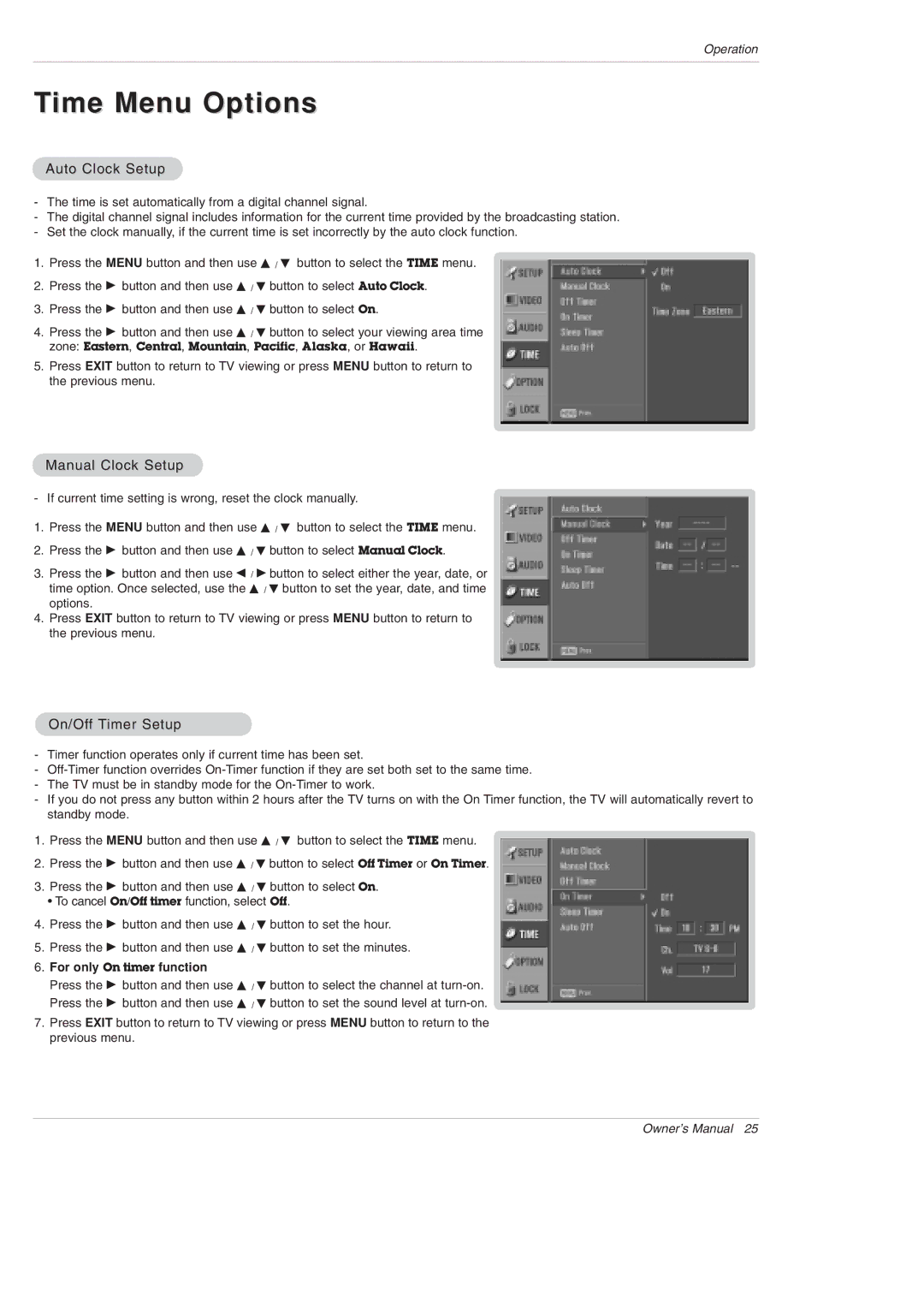 LG Electronics DU-42PX12XD owner manual Time Menu Options, Auto Clock Setup, Manual Clock Setup, On/Off Timer Setup 