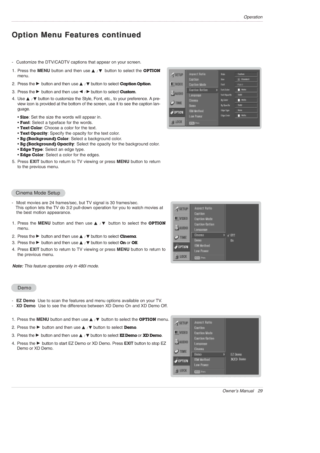 LG Electronics DU-42PX12XD owner manual Cinema Mode Setup, Demo 