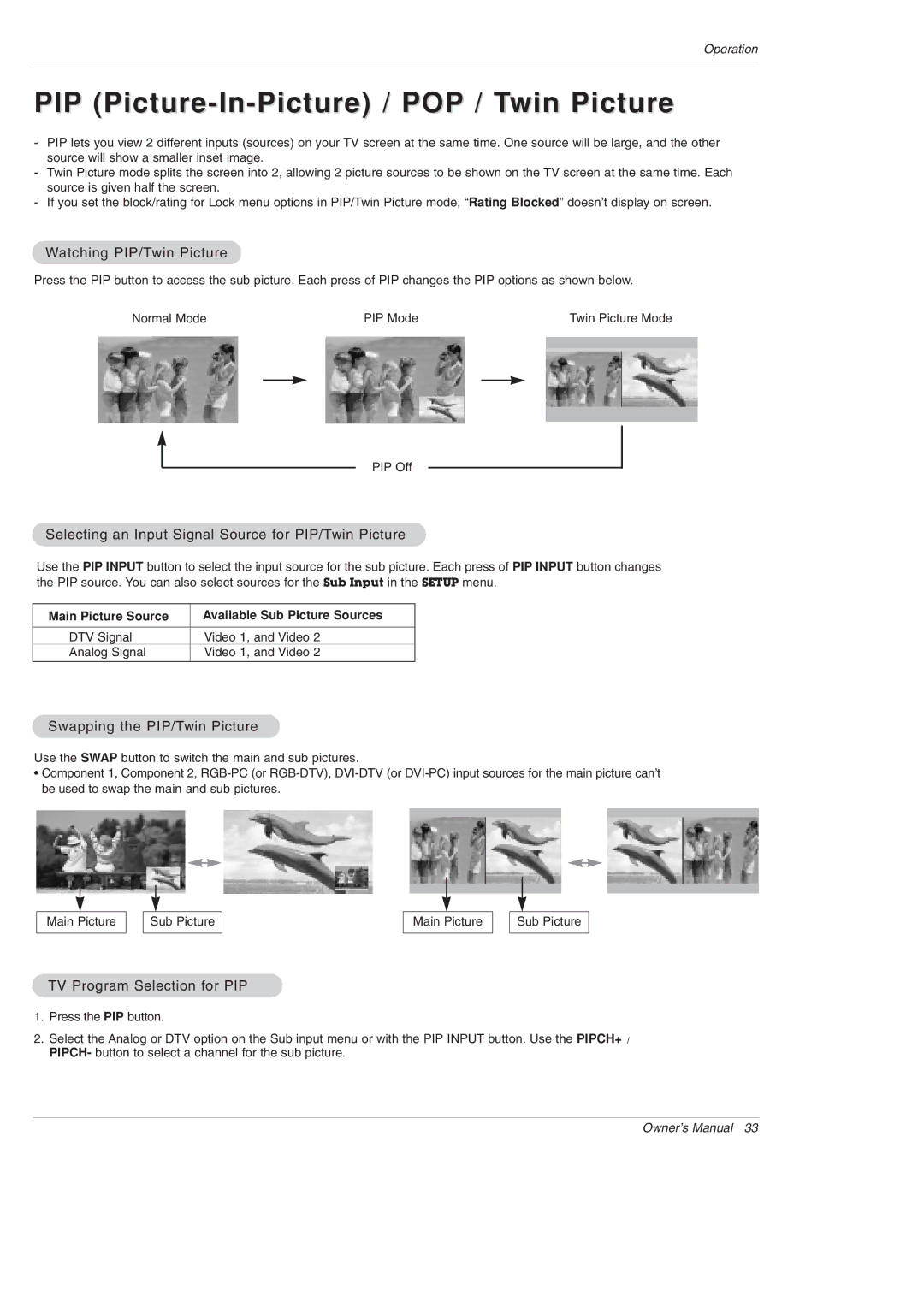 LG Electronics DU-42PX12XD owner manual PIP Picture-In-Picture / POP / Twin Picture, Watching PIP/Twin Picture 