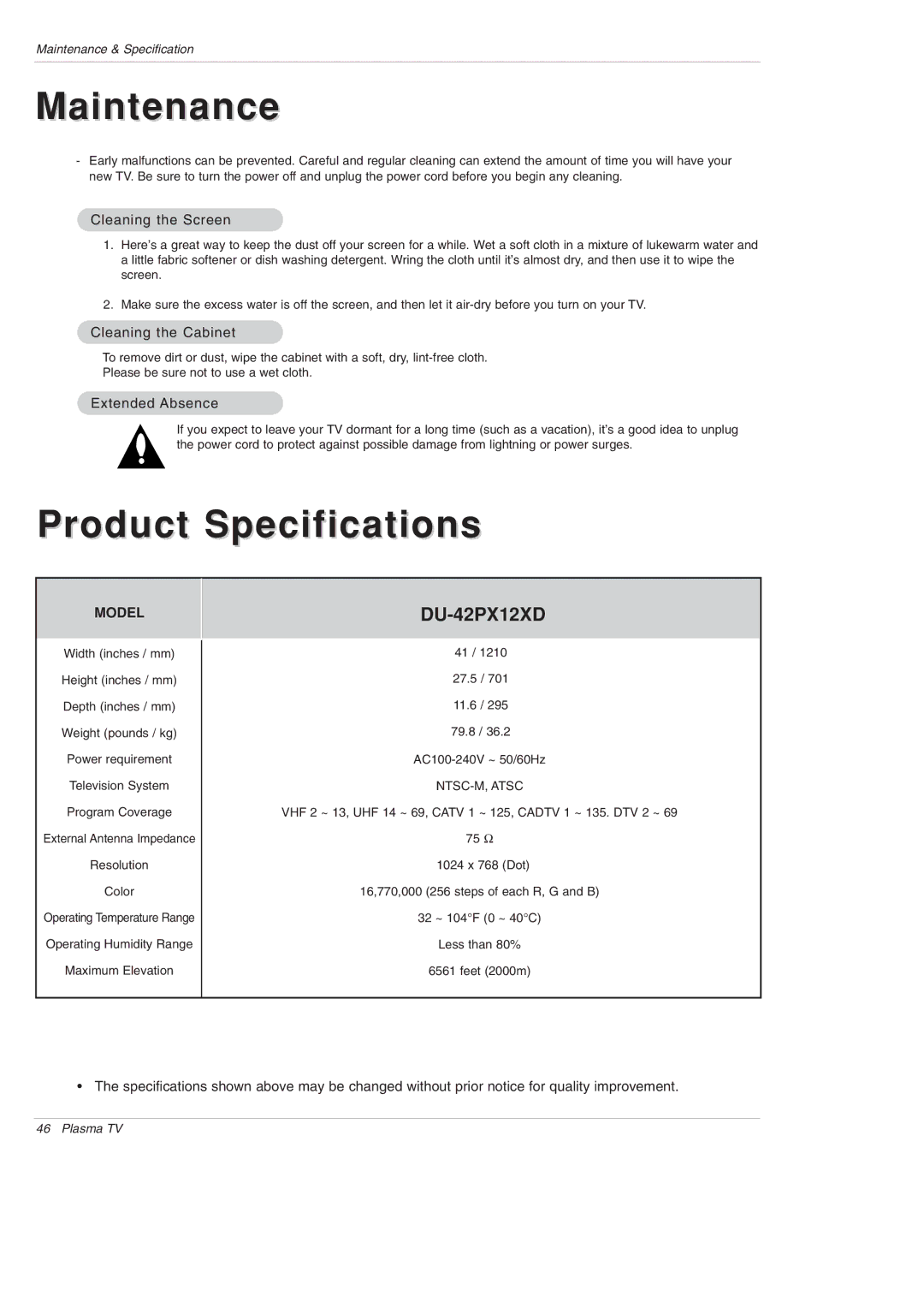 LG Electronics DU-42PX12XD owner manual Cleaning the Screen, Cleaning the Cabinet, Extended Absence 