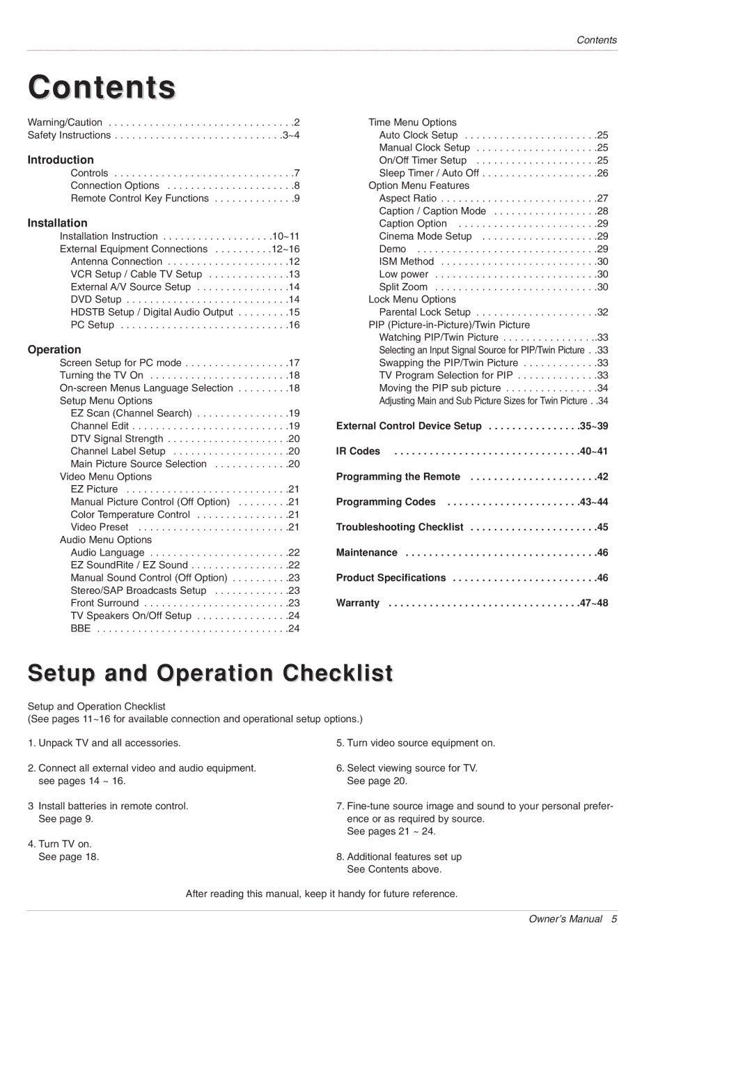 LG Electronics DU-42PX12XD owner manual Contents 