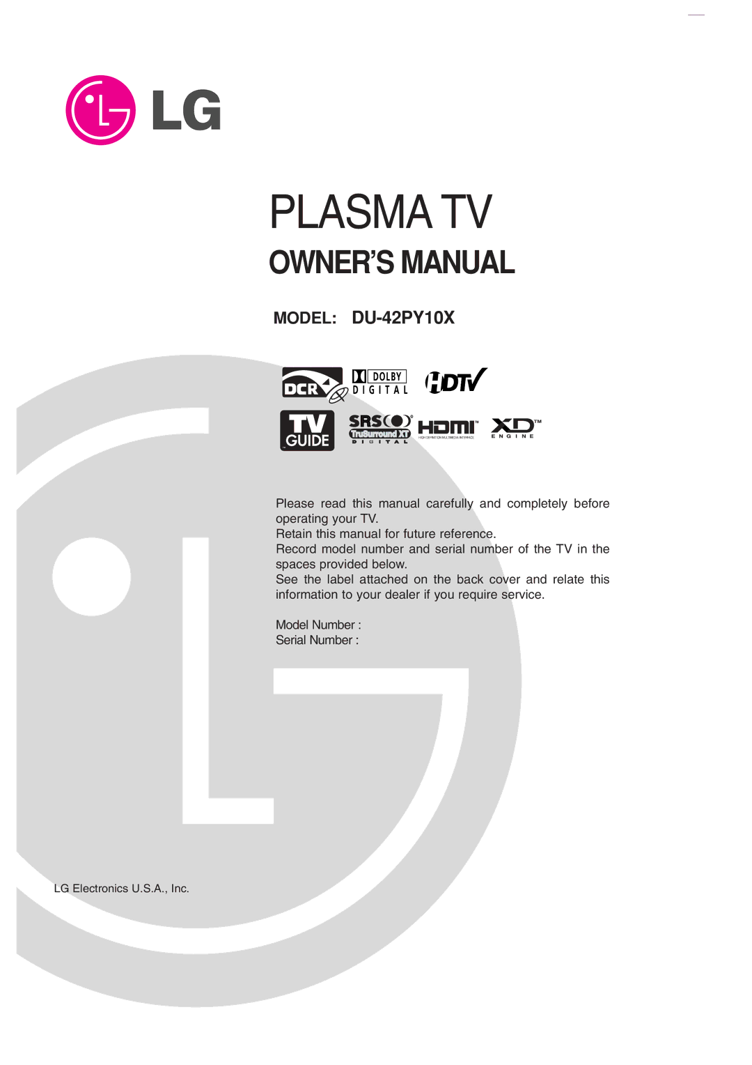 LG Electronics DU-42PY10X owner manual Plasma TV, LG Electronics U.S.A., Inc 