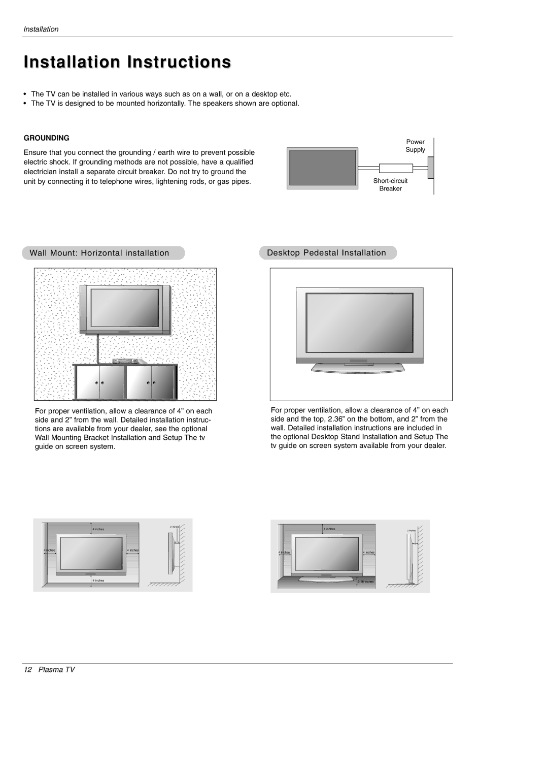 LG Electronics DU-42PY10X owner manual Installation Instructions, Grounding 