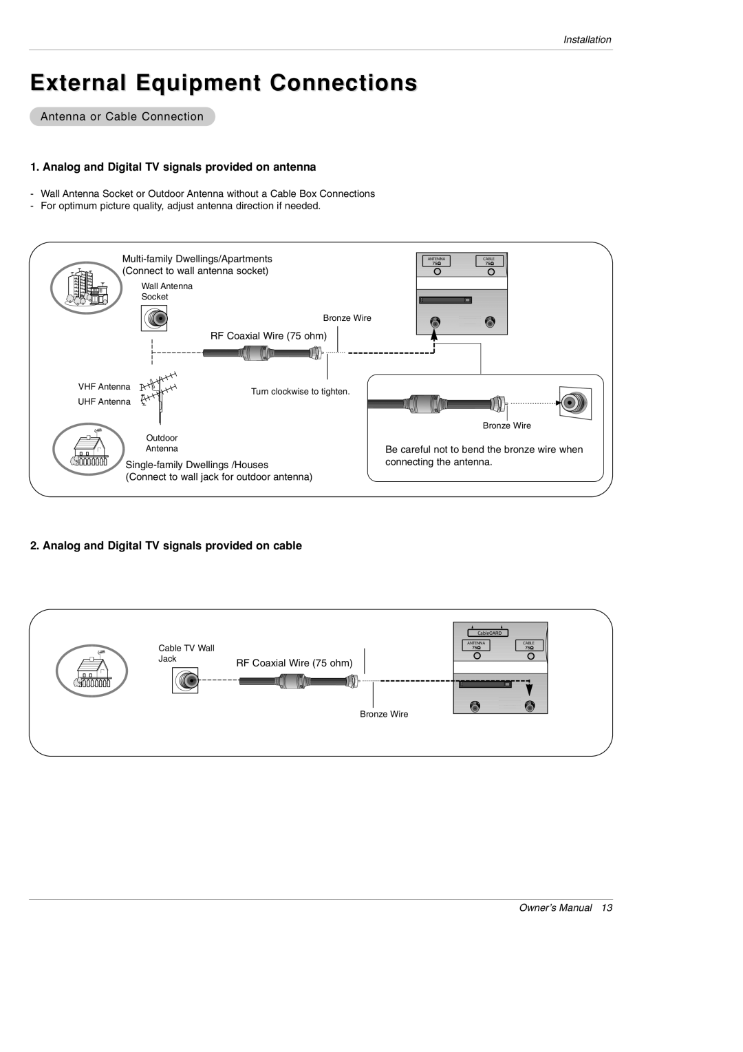 LG Electronics DU-42PY10X owner manual External Equipment Connections, Antenna or Cable Connection 