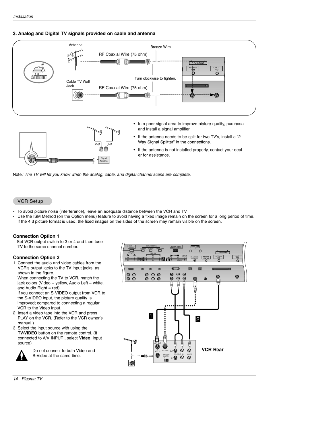 LG Electronics DU-42PY10X Analog and Digital TV signals provided on cable and antenna, VCR Setup, Connection Option 