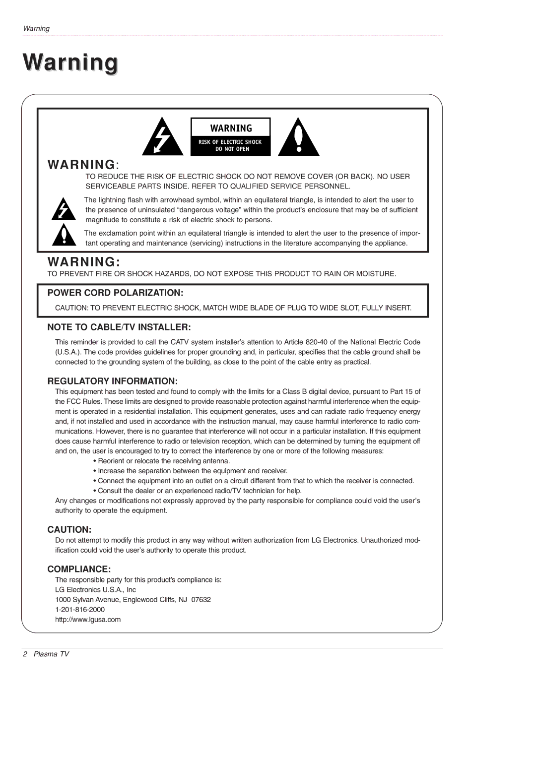 LG Electronics DU-42PY10X owner manual Power Cord Polarization 