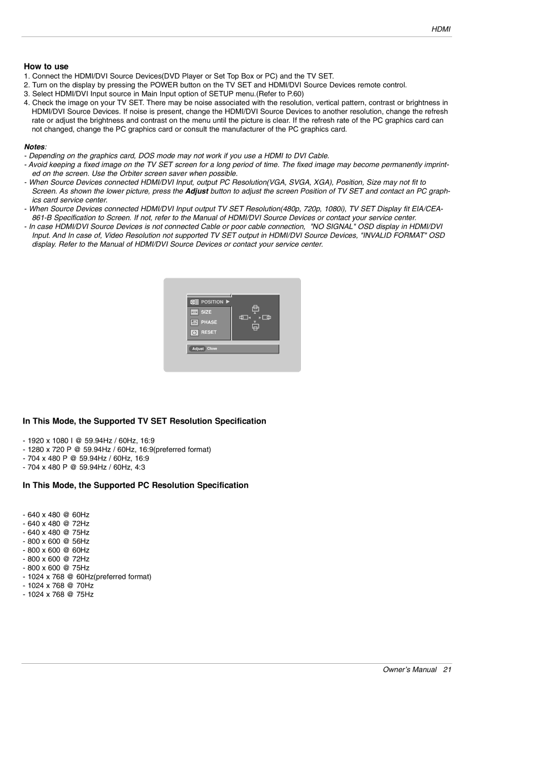 LG Electronics DU-42PY10X owner manual This Mode, the Supported TV SET Resolution Specification 