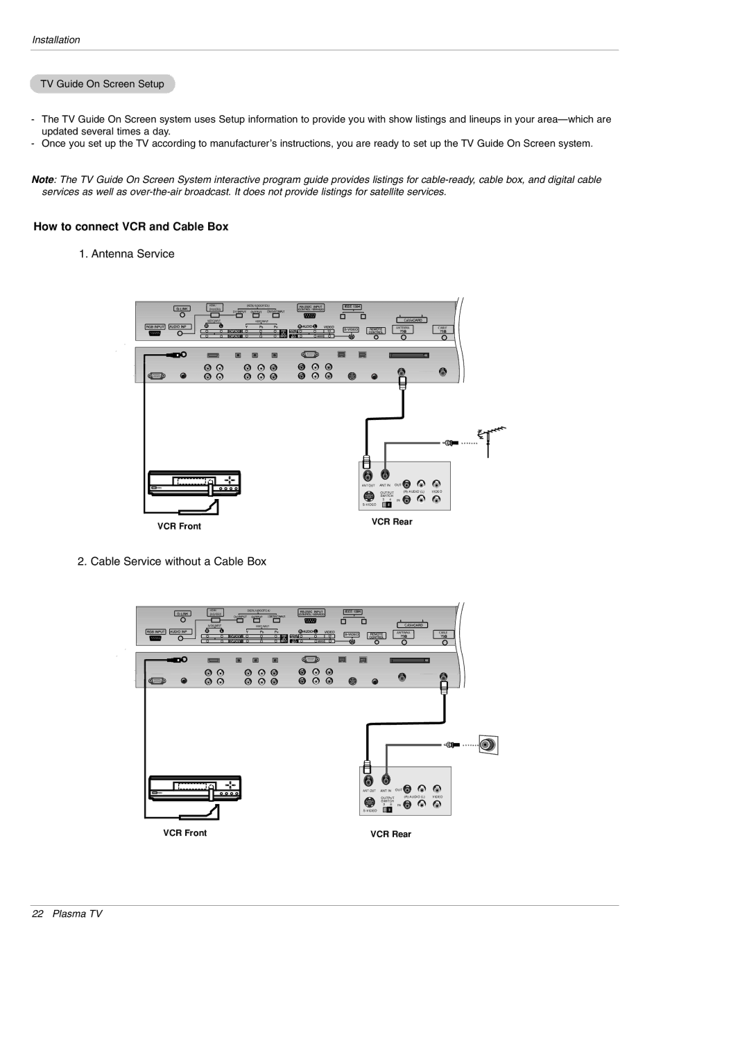 LG Electronics DU-42PY10X owner manual How to connect VCR and Cable Box, Antenna Service, Cable Service without a Cable Box 