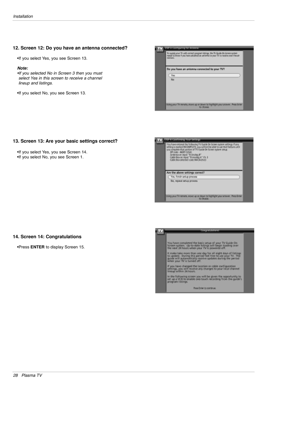 LG Electronics DU-42PY10X Screen 12 Do you have an antenna connected?, Screen 13 Are your basic settings correct? 