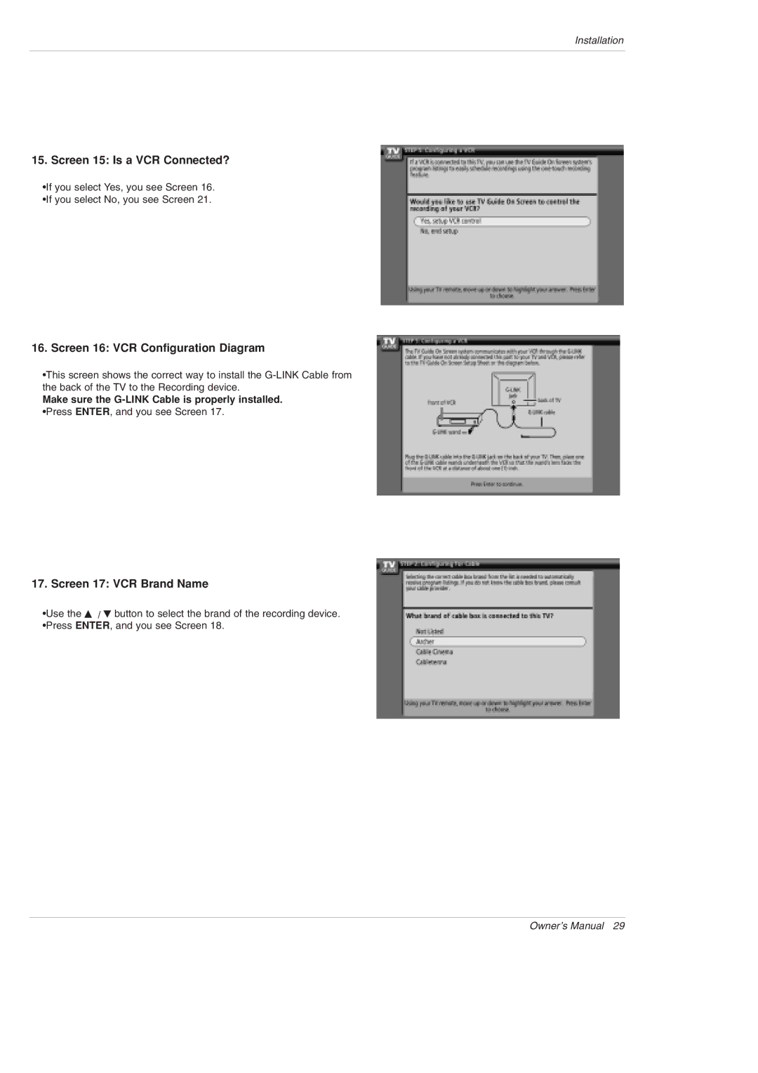 LG Electronics DU-42PY10X Screen 15 Is a VCR Connected?, Screen 16 VCR Configuration Diagram, Screen 17 VCR Brand Name 