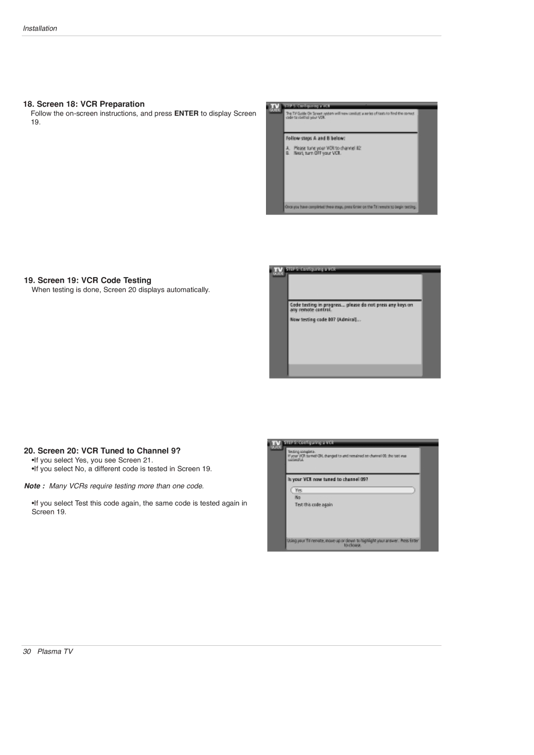 LG Electronics DU-42PY10X Screen 18 VCR Preparation, Screen 19 VCR Code Testing, Screen 20 VCR Tuned to Channel 9? 