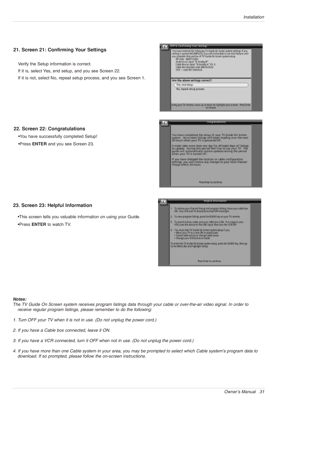 LG Electronics DU-42PY10X Screen 21 Confirming Your Settings, Screen 22 Congratulations, Screen 23 Helpful Information 