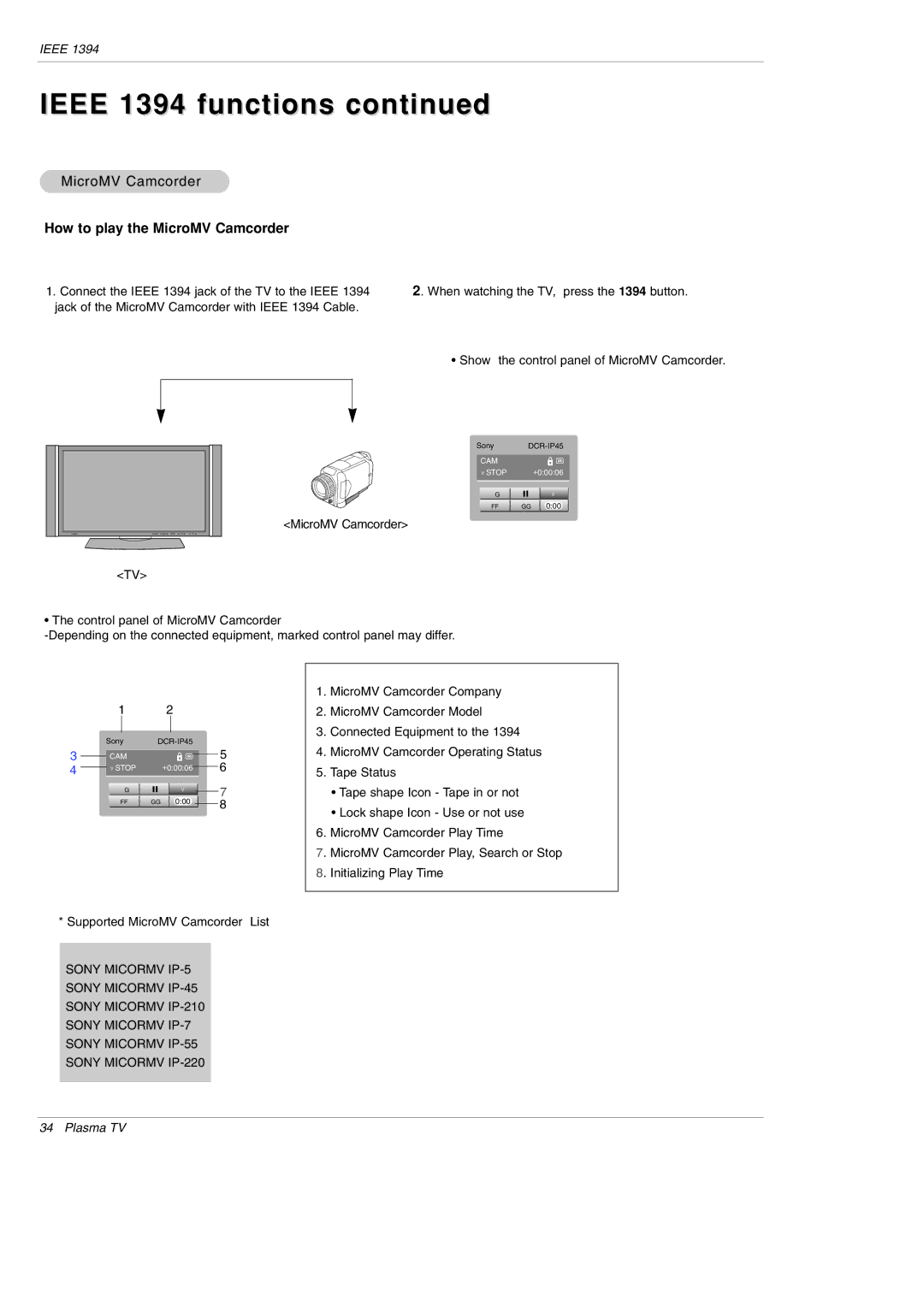 LG Electronics DU-42PY10X owner manual How to play the MicroMV Camcorder 