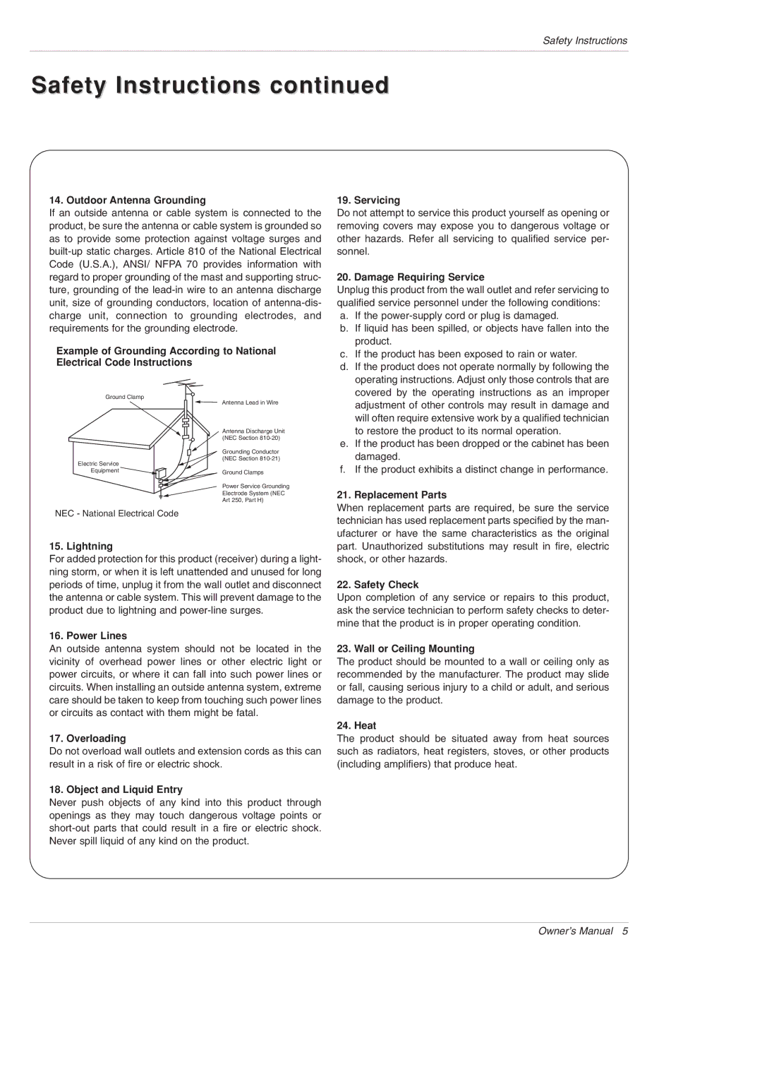 LG Electronics DU-42PY10X owner manual Safety Instructions 