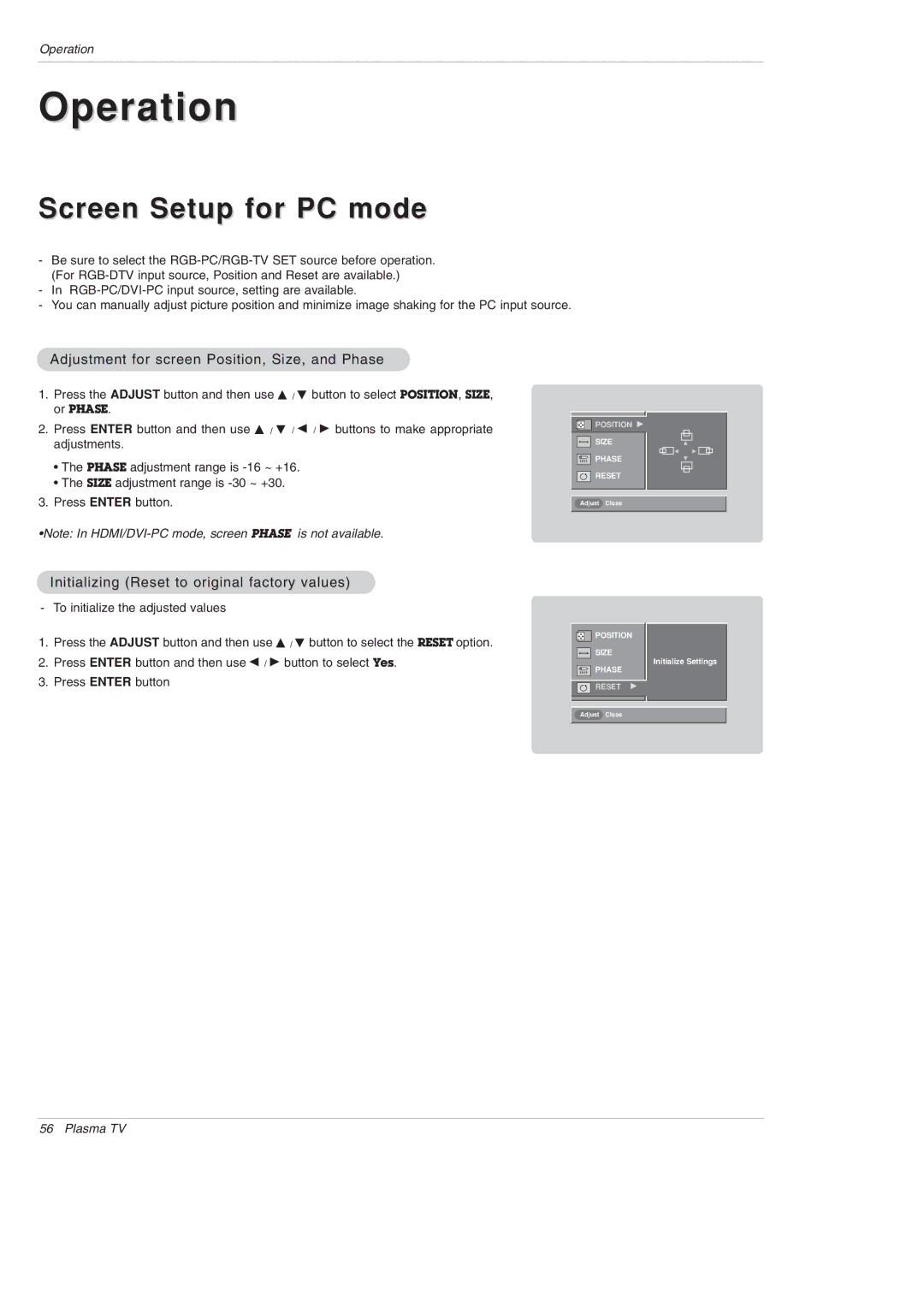 LG Electronics DU-42PY10X owner manual Screen Setup for PC mode, Adjustment for screen Position, Size, and Phase 