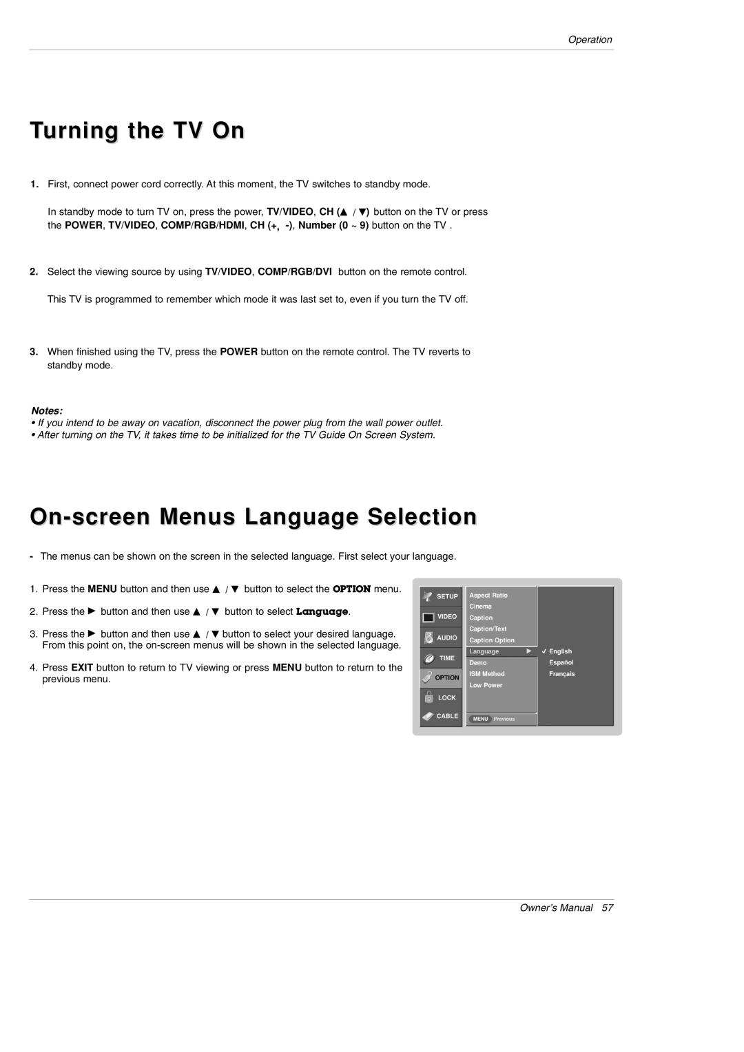 LG Electronics DU-42PY10X owner manual Turning the TV On, On-screen Menus Language Selection 