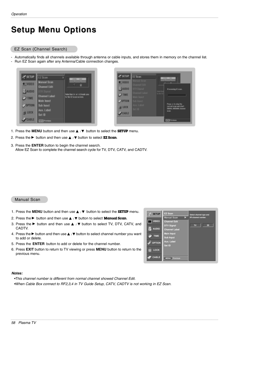 LG Electronics DU-42PY10X owner manual Setup Menu Options, EZ Scan Channel Search, Manual Scan 