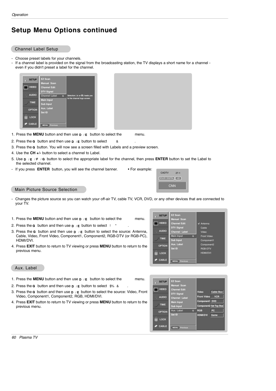 LG Electronics DU-42PY10X owner manual Channel Label Setup, Main Picture Source Selection, Aux. Label 