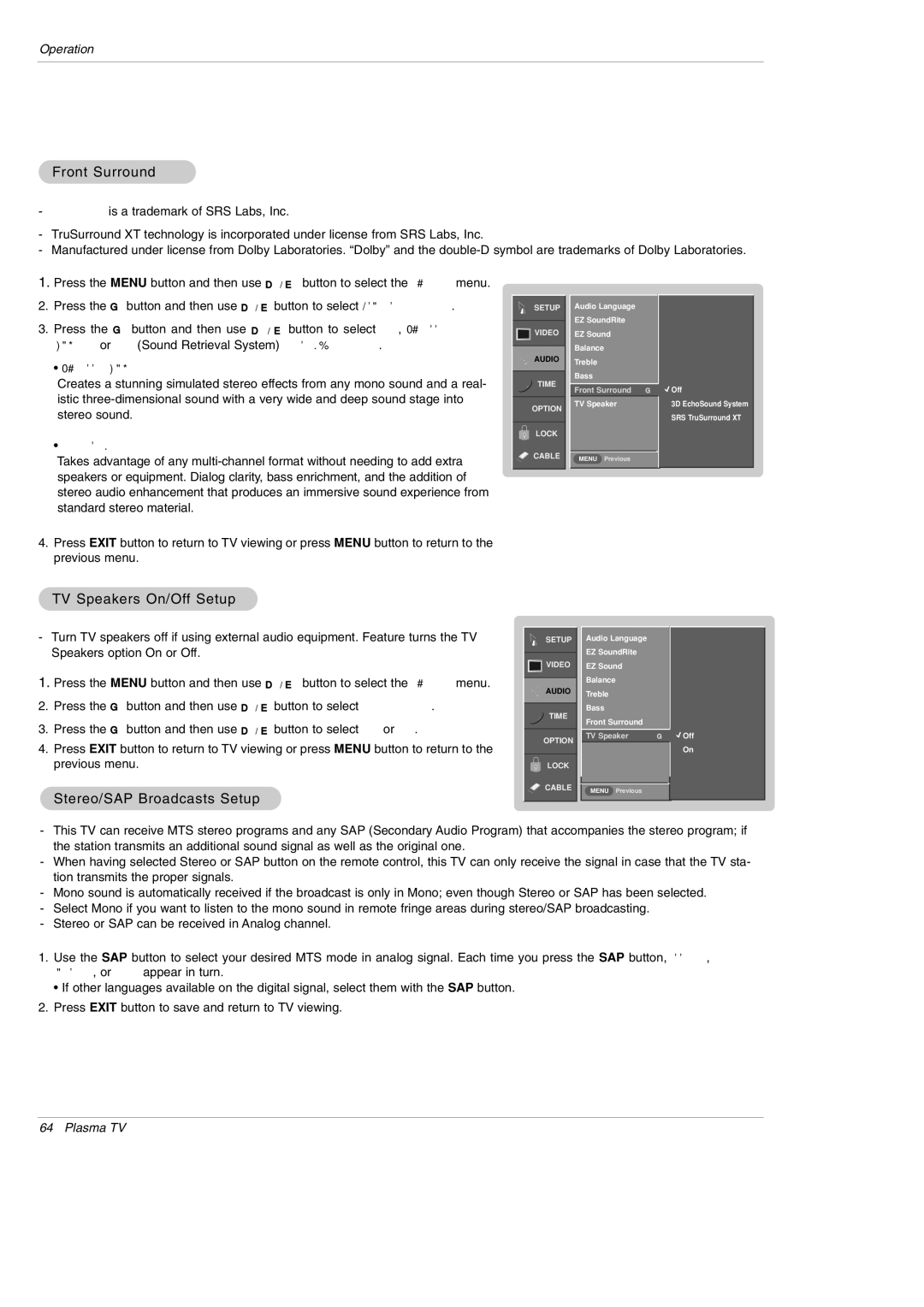 LG Electronics DU-42PY10X owner manual Front Surround, TV Speakers On/Off Setup, Stereo/SAP Broadcasts Setup 