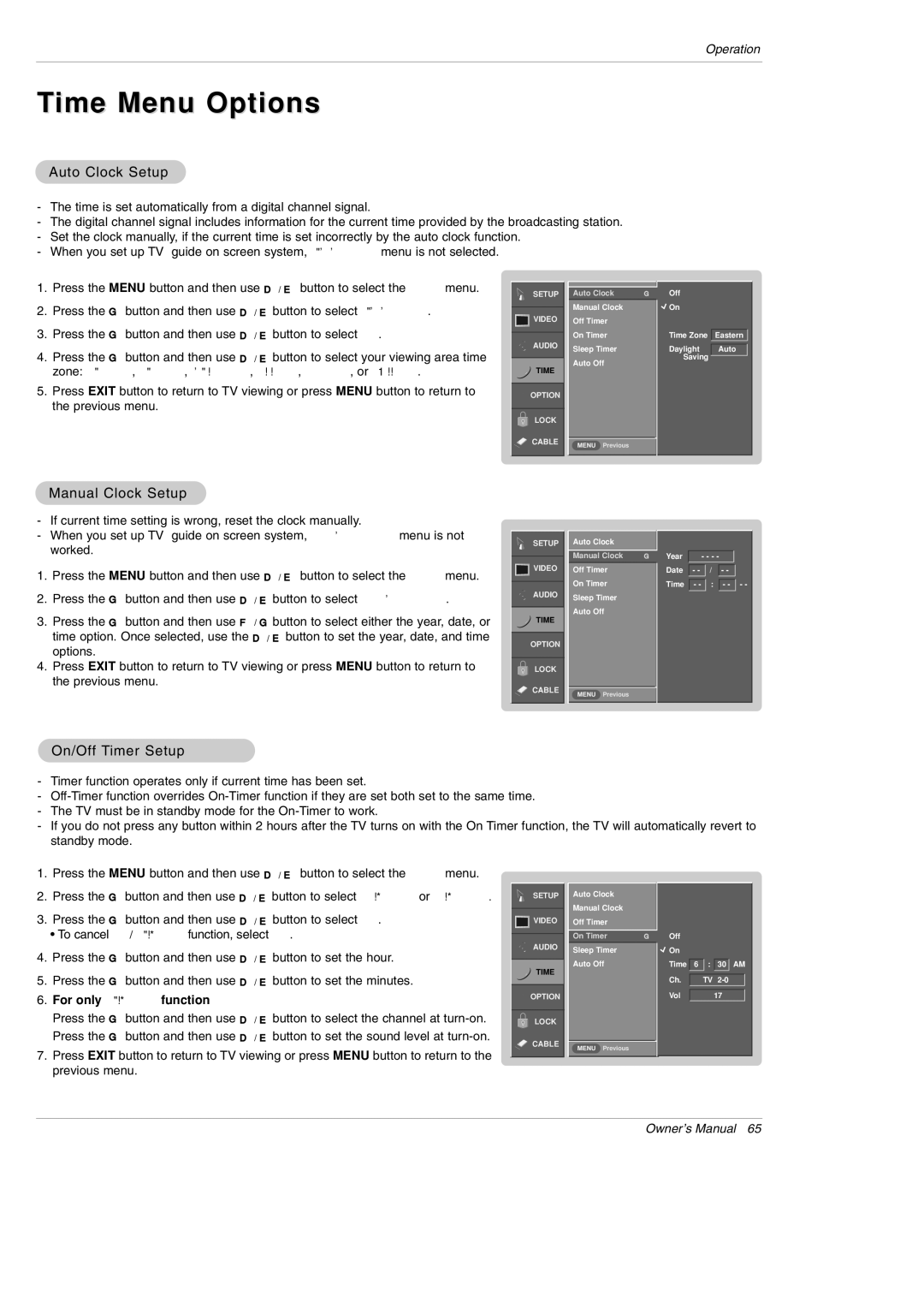 LG Electronics DU-42PY10X owner manual Time Menu Options, Auto Clock Setup, Manual Clock Setup, On/Off Timer Setup 