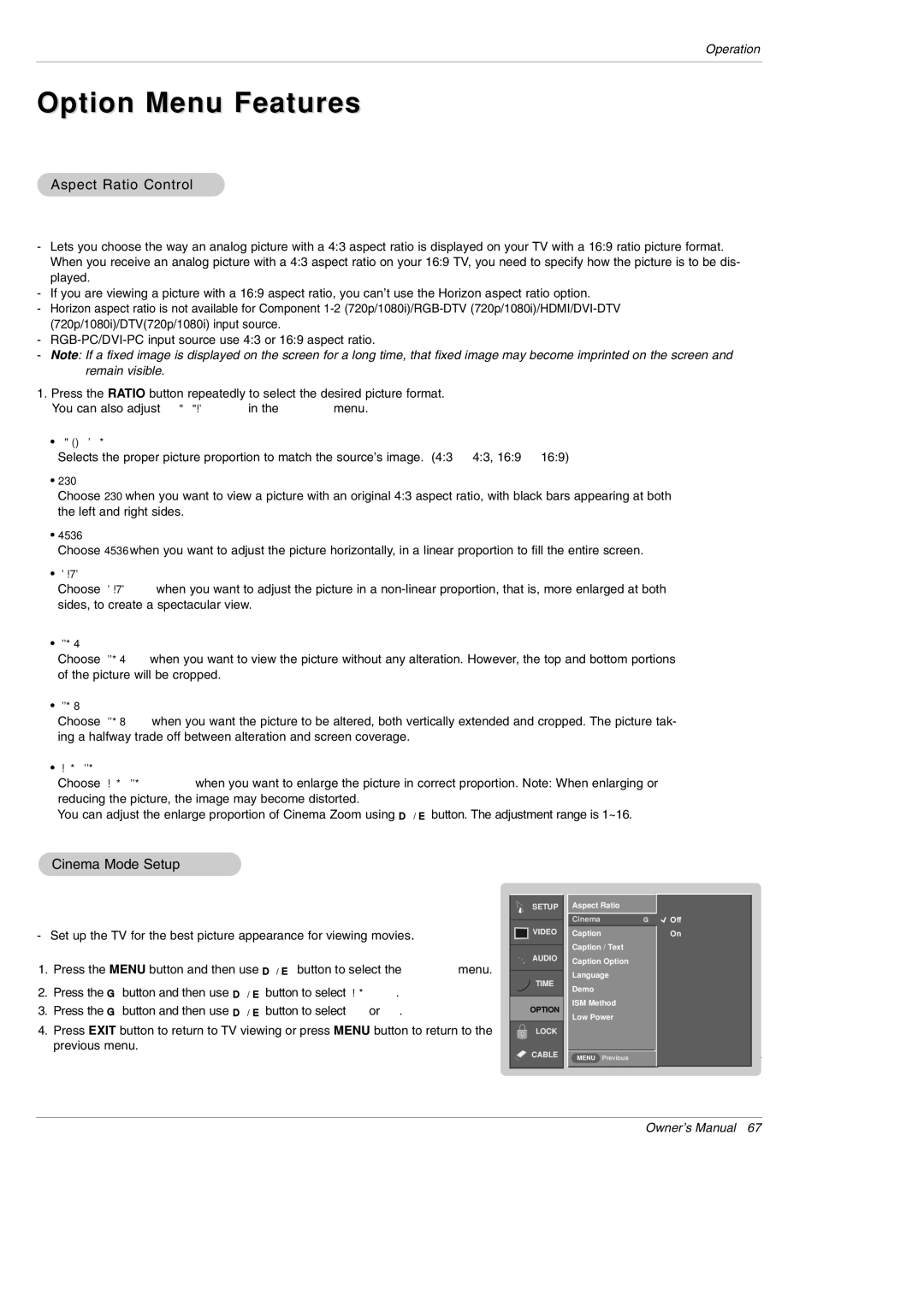 LG Electronics DU-42PY10X owner manual Option Menu Features, Aspect Ratio Control, Cinema Mode Setup 