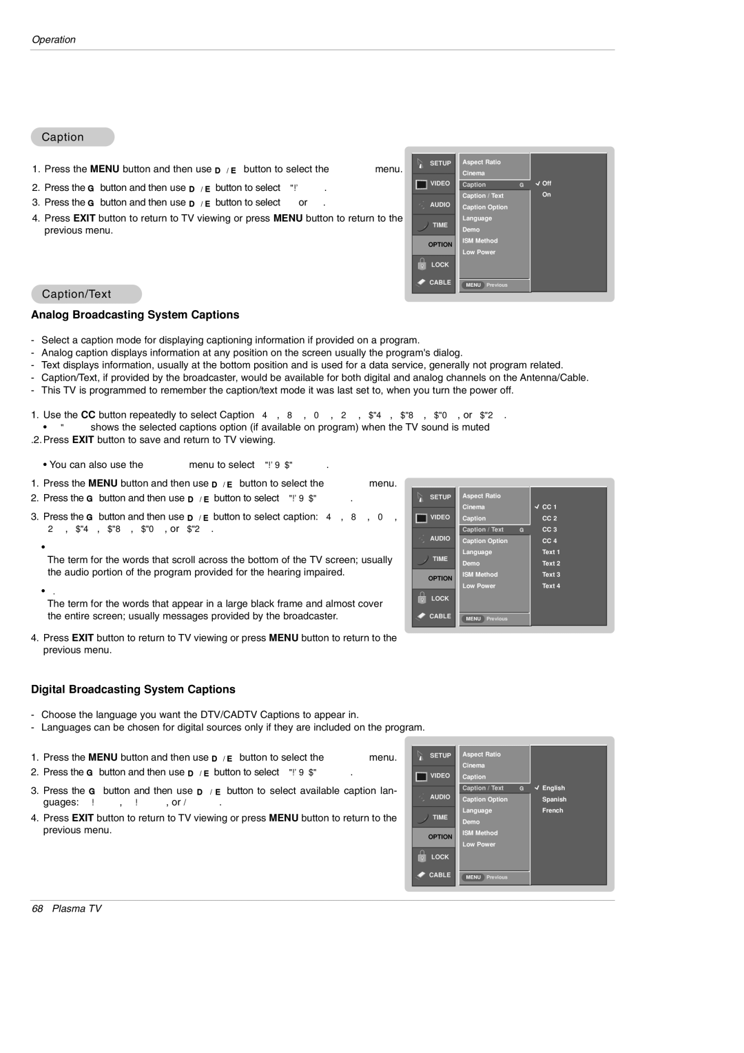 LG Electronics DU-42PY10X Caption/Text, Analog Broadcasting System Captions, Digital Broadcasting System Captions 