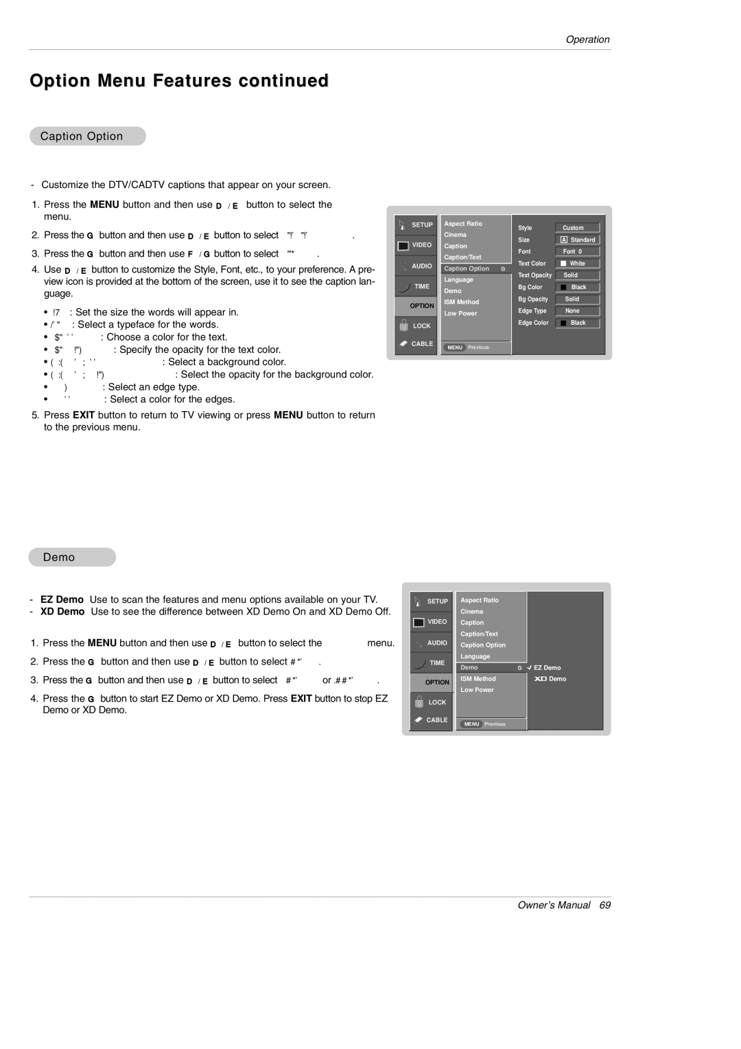 LG Electronics DU-42PY10X owner manual Caption Option, Demo 