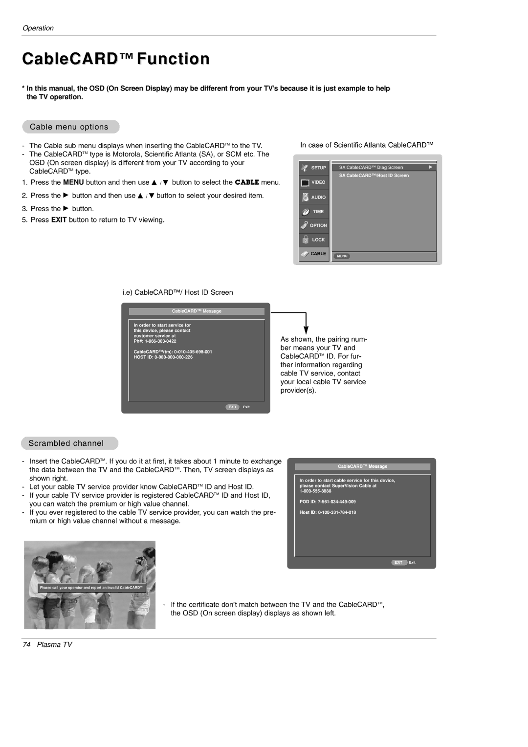 LG Electronics DU-42PY10X owner manual CableCARD Function, Cable menu options, Scrambled channel 