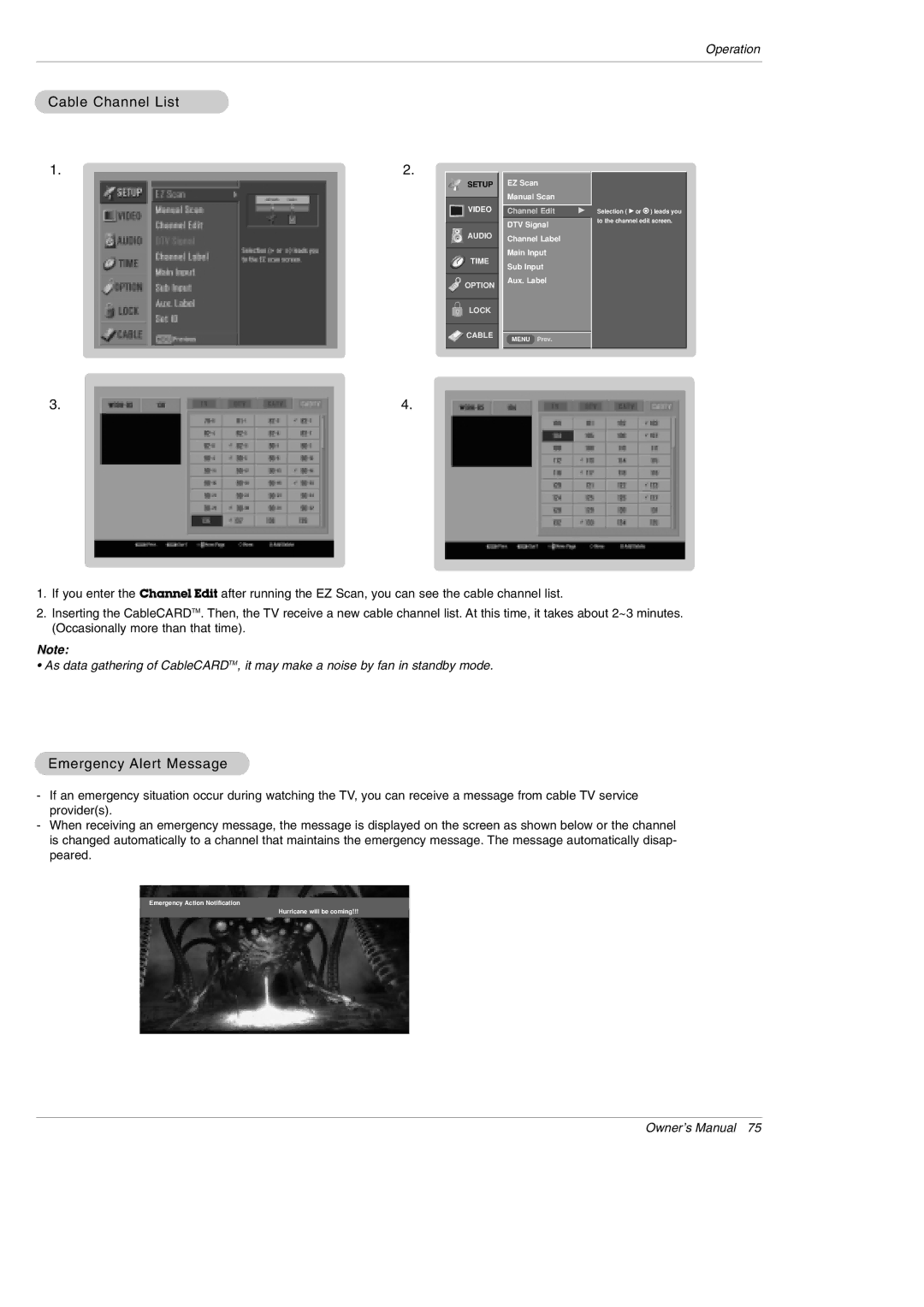 LG Electronics DU-42PY10X owner manual Cable Channel List, Emergency Alert Message 