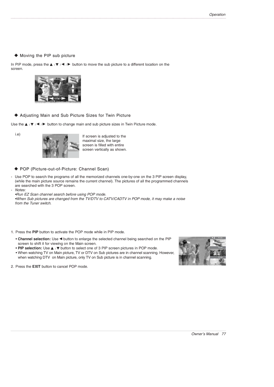 LG Electronics DU-42PY10X owner manual Moving the PIP sub picture, Adjusting Main and Sub Picture Sizes for Twin Picture 